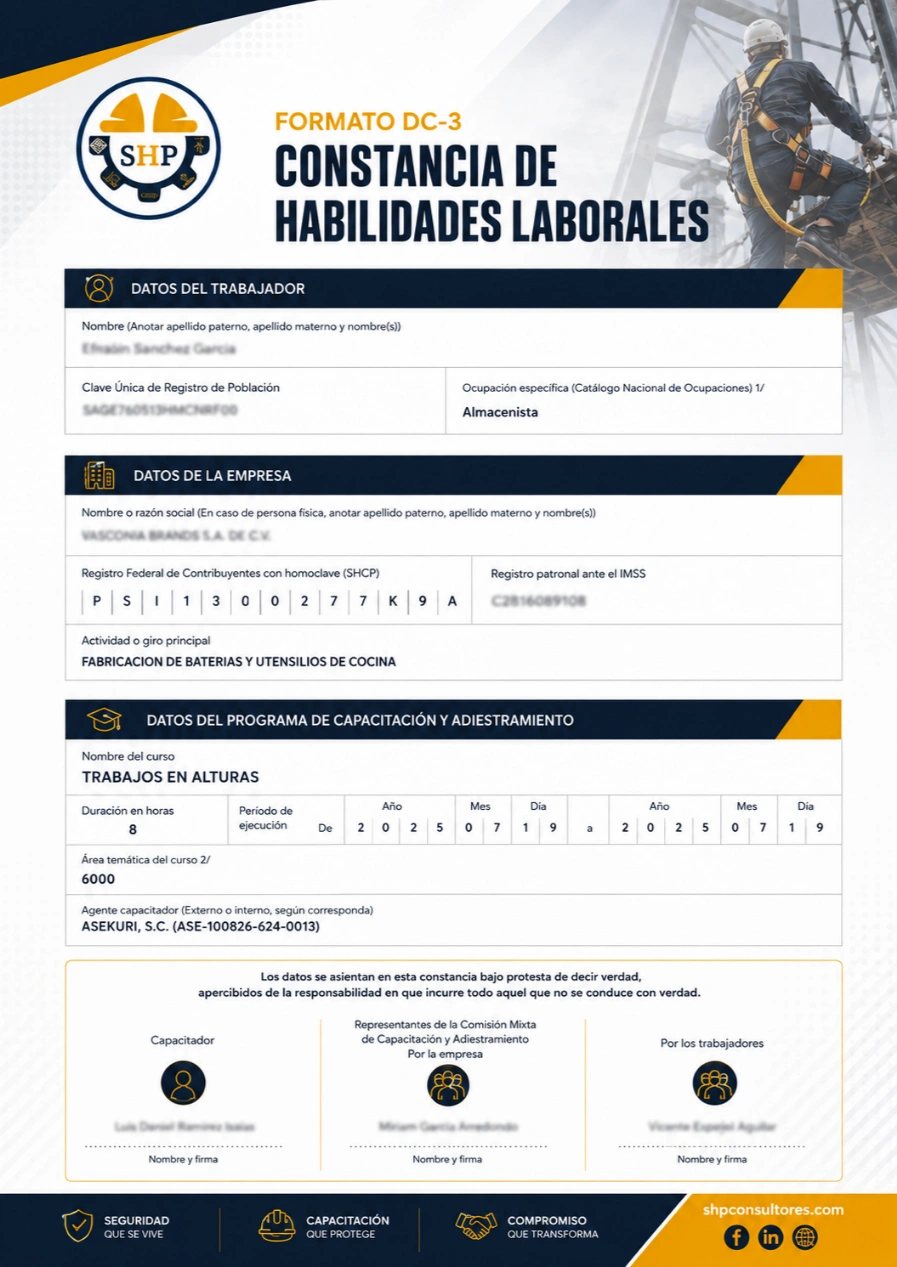 Constancia DC-3 emitida por SHP Consultores Industriales tras el curso de trabajos en alturas