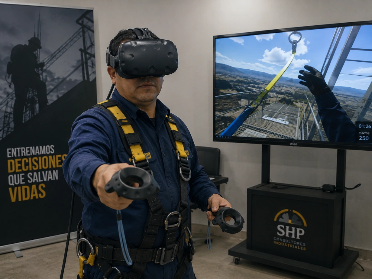 Trabajador usando visor de realidad virtual en el curso de trabajos en alturas de SHP